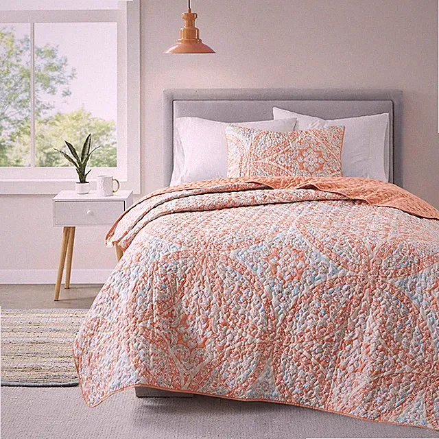2 Pcs Quilt Coverlet Bedspread Ultra Soft Printed Damask Pattern Bedding Set