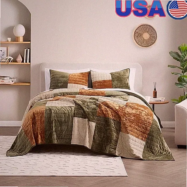 Luxurious Patchwork Velvet Quilt Set Cozy Soft Machine Washable All Season New