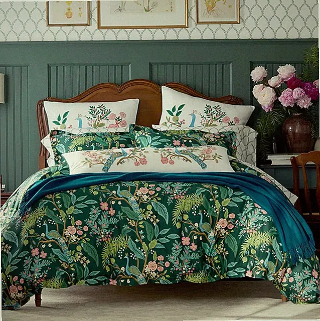 Rifle Paper Co. Peacock Classic Smooth Sateen Duvet Cover - Evergreen, Full/Que