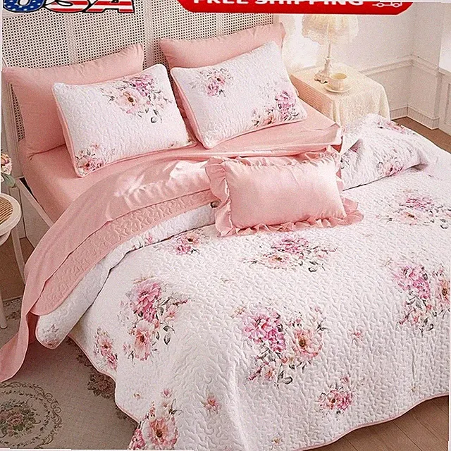 Shabby Chic Quilt Set Soft Microfiber Lightweight Floral Design 3 Piece New