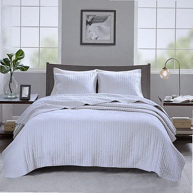 Solid White Striped Stitch 3 pc Quilt Set Coverlet Twin XL Full Queen King Bed