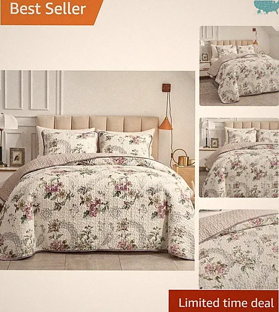Stylish Beige Floral 3-Piece Quilt Set - Includes Pillow Shams - 90" x 90"