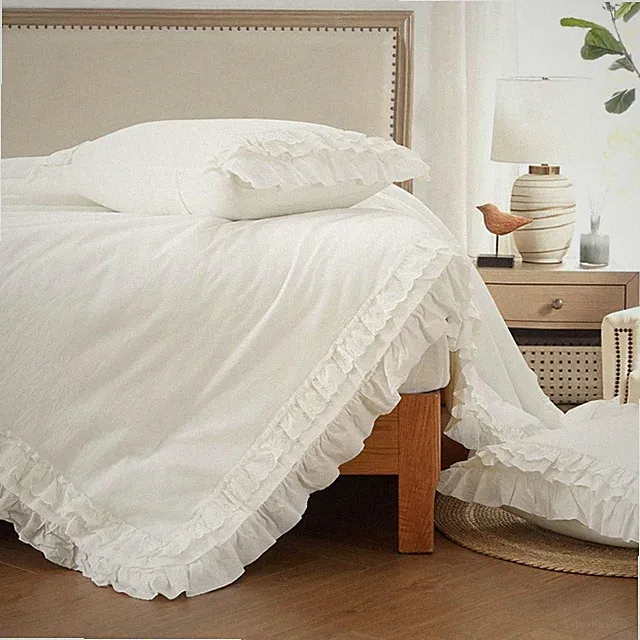 White Ruffle Comforter King Set 3Pc Shabby Chic Boho Bedding Coquette Farmhouse