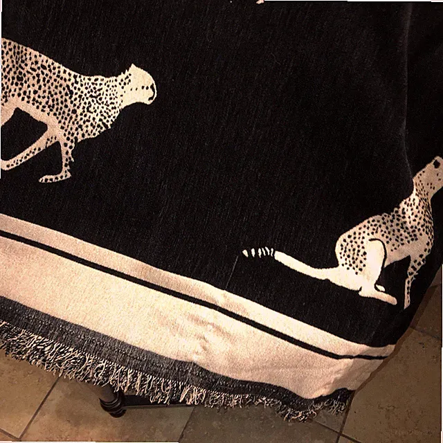 XL Chenille Reversable Throw Blanket Tan/Black Leopard Print Fringe 102"x72"